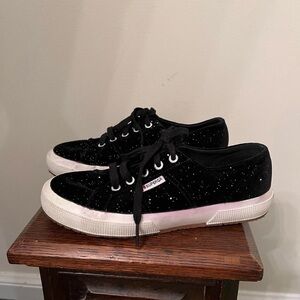 Superga 2750 Black Sparkle Glitter Velvet Flat Sneakers